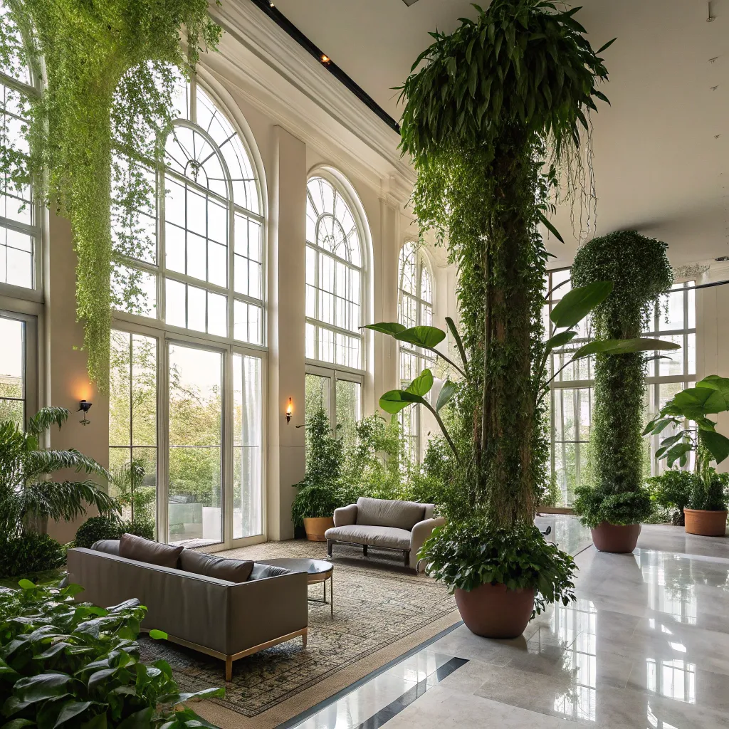 An elegant modern interior with lush plants